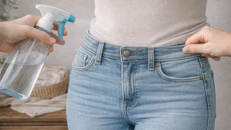 Agrandir un jean trop serré par étirement du tissu humide au niveau de la taille et des cuisses, méthode sans couture