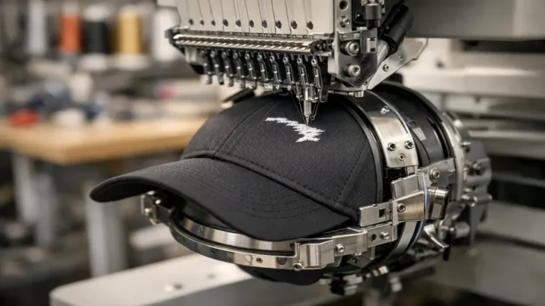 Broderie professionnelle d’une casquette sur surface courbe avec cadre casquette et machine à broder