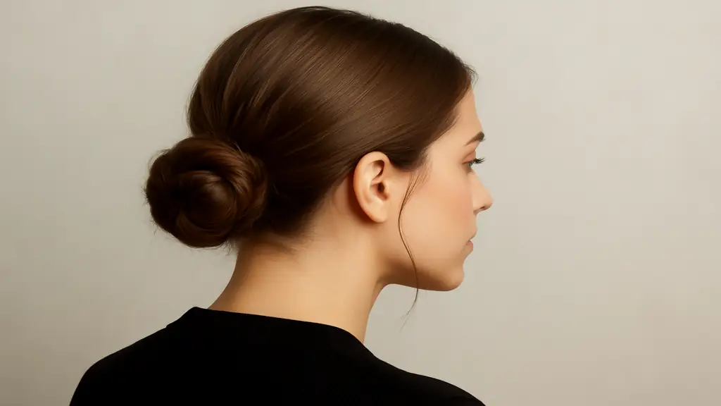 Chignon bas élégant sur cheveux mi-longs, coiffure chic et soignée vue de profil pour un look professionnel ou habillé