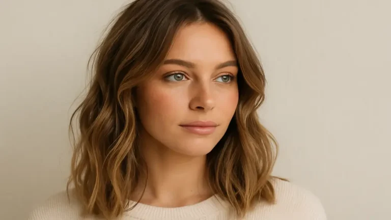 Femme aux cheveux mi-longs ondulés, coiffure wavy naturelle facile et moderne pour cheveux longueur épaules