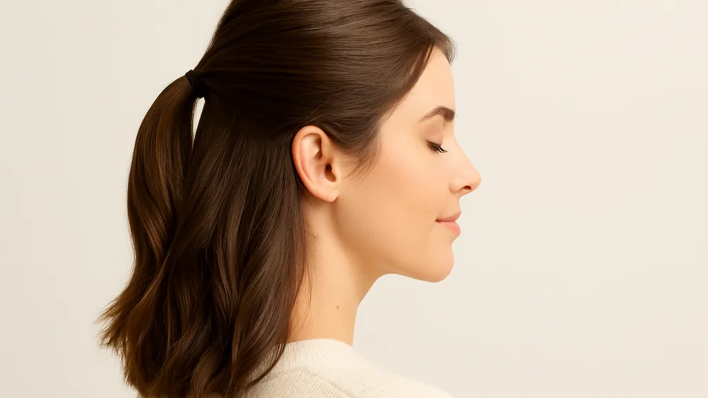 Coiffure demi-queue sur cheveux mi-longs : attache mi-haute avec longueurs souples, rendu naturel en profil.