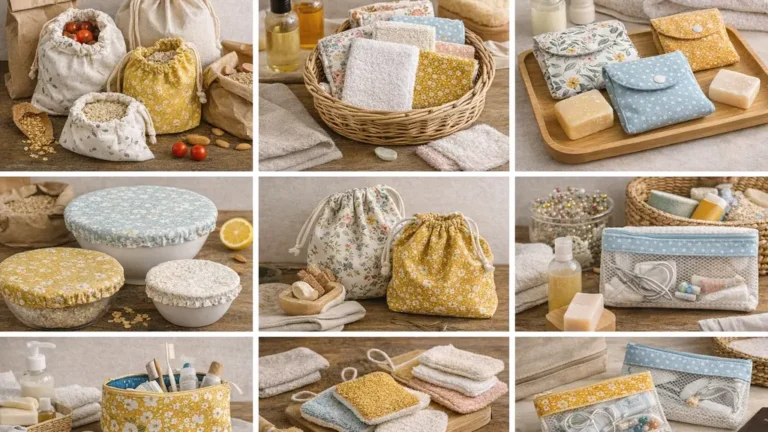 Idées couture utiles zéro déchet avec sacs à vrac, lingettes lavables, pochettes et accessoires du quotidien cousus main