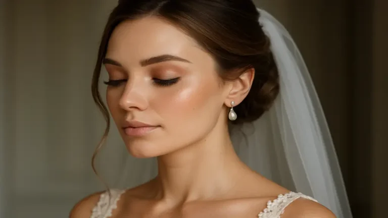Mariée au maquillage naturel nude et lumineux, teint éclatant et regard doux pour un look de mariage élégant