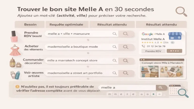 Guide visuel pour identifier le bon établissement Melle A selon l’activité beauté, mode, décoration ou artiste