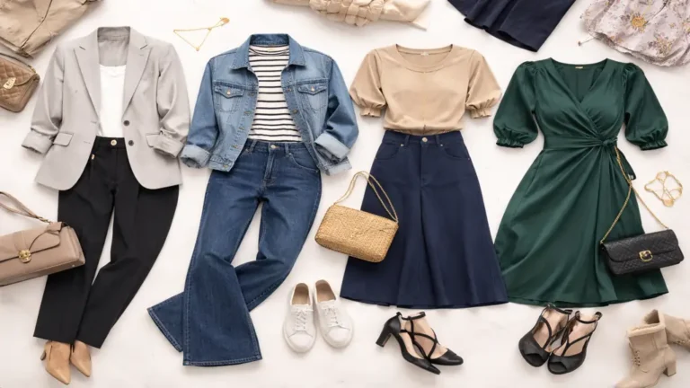 Tenues équilibrées pour morphologie en A avec hauts structurés et bas fluides afin d’affiner les hanches