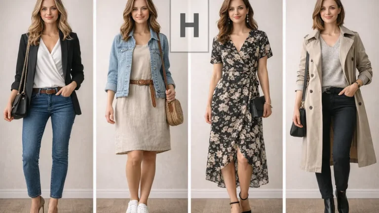 Exemples de looks pour morphologie en H femme, silhouette rectangle avec épaules et hanches alignées