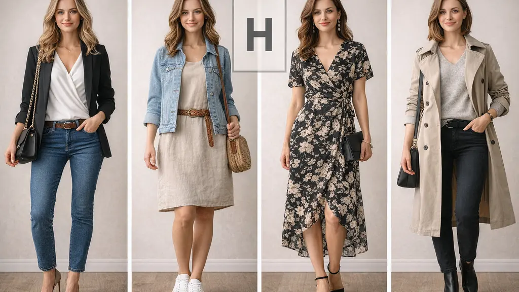 Exemples de looks pour morphologie en H femme, silhouette rectangle avec épaules et hanches alignées