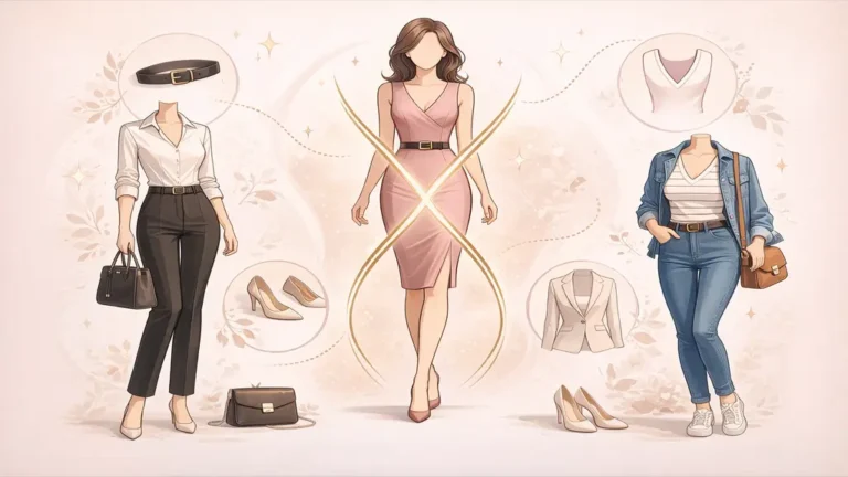 Illustration de la morphologie en X féminine avec taille marquée, épaules et hanches alignées, et exemples de tenues adaptées pour mettre en valeur la silhouette sablier.