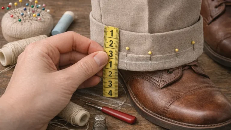 Mesurer et épingler un ourlet de pantalon avant couture, prise de longueur avec mètre ruban et chaussures portées