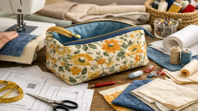 Trousse de toilette cousue main avec fermeture éclair, patron couture PDF et matériel de couture sur table de travail