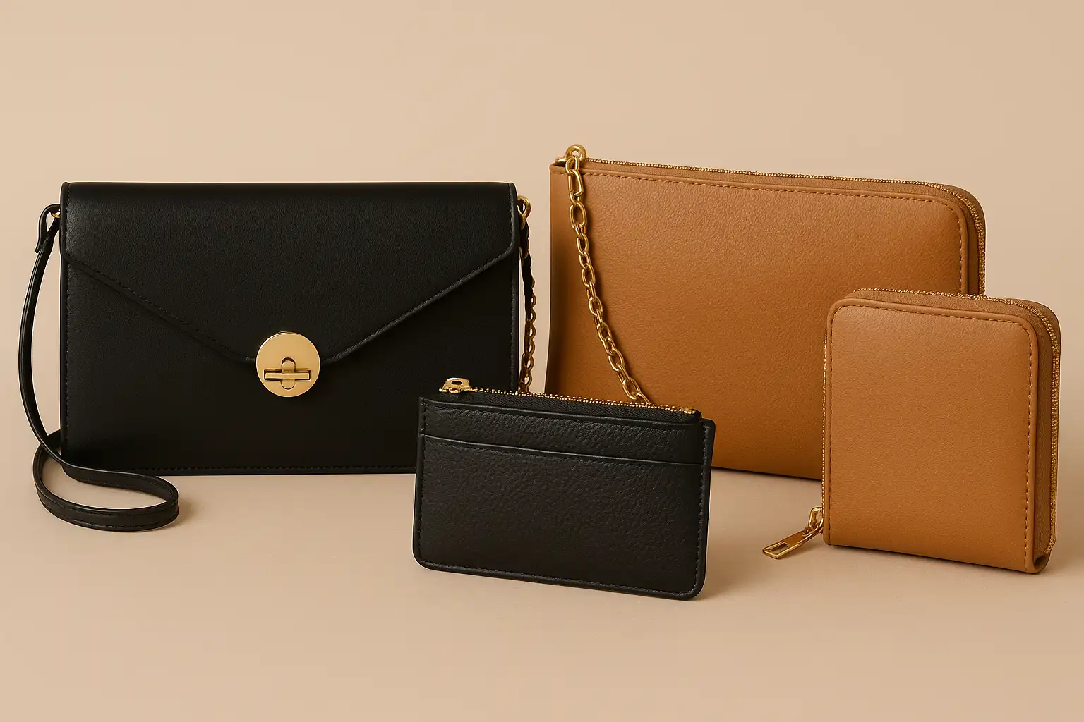 Pochettes et petite maroquinerie élégantes en cuir noir et camel, présentées sur fond neutre pour mettre en valeur les détails et les finitions.