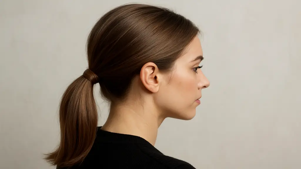 Queue de cheval basse sur cheveux mi-longs, coiffure élégante et simple vue de profil pour un style chic et minimaliste