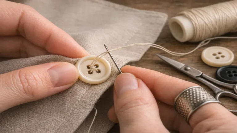 Recoudre un bouton à la main avec fil double, couture en X sur bouton quatre trous pour vêtement