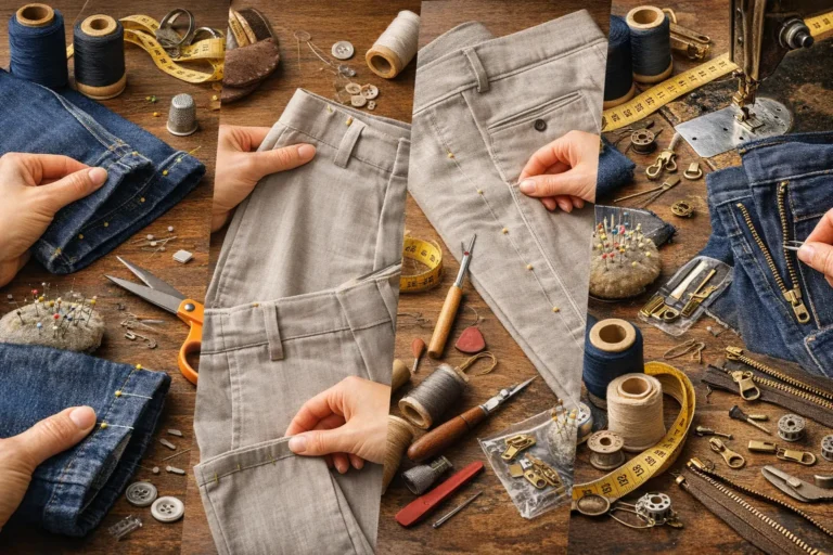 Retouche de pantalon en atelier de couture avec ourlet, ajustement de la taille, fuselage des jambes et remplacement de fermeture éclair