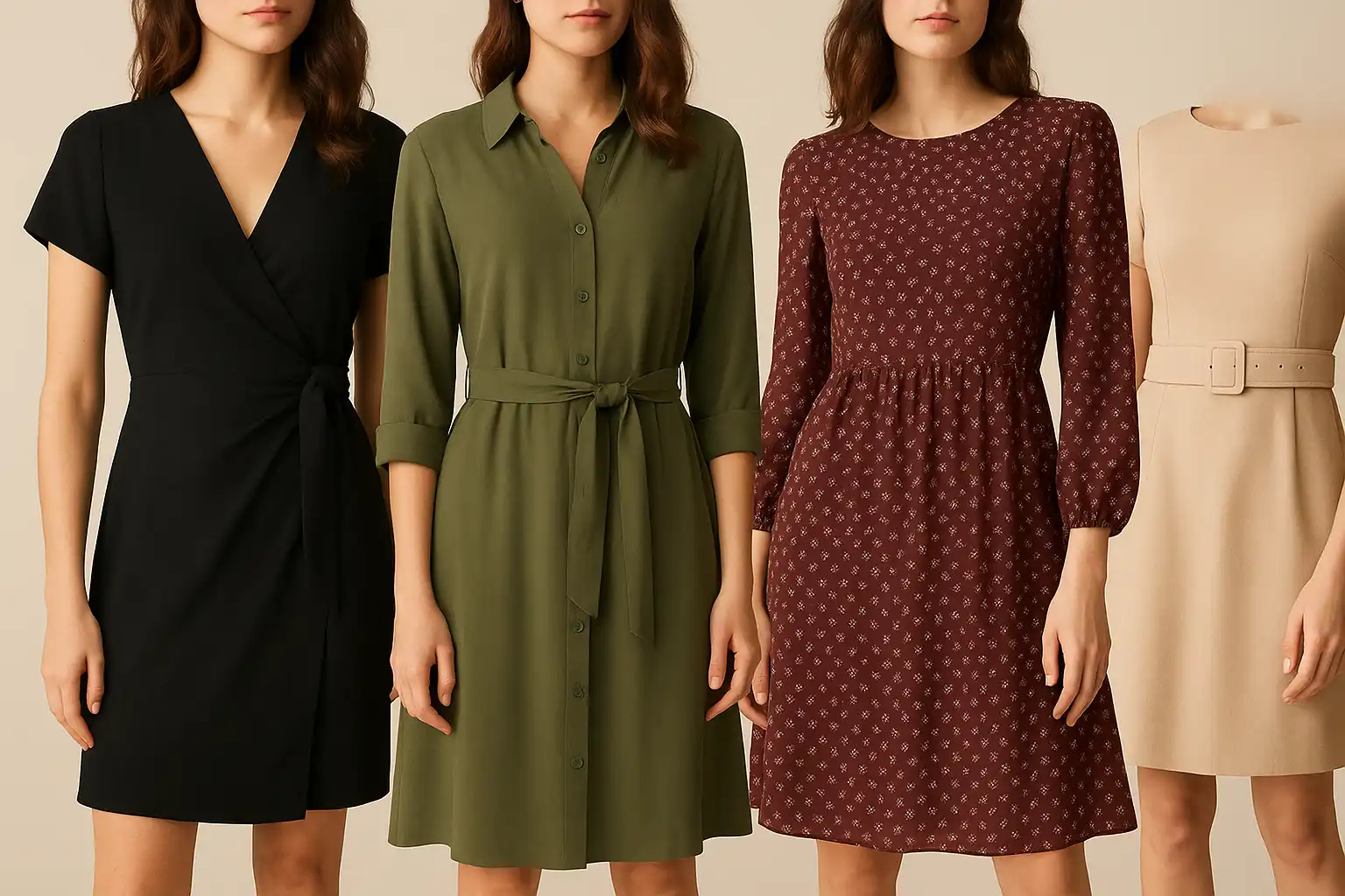 Robes femme élégantes présentées côte à côte, montrant différentes coupes, matières et styles sur fond neutre.
