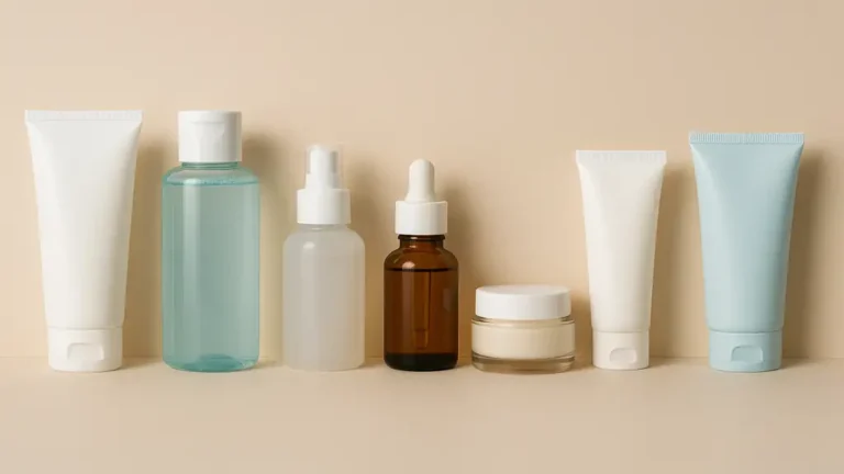 Disposition de produits de soin visage illustrant l’ordre d’application d’une routine beauté matin et soir