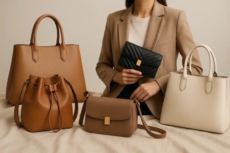 Sac femme moderne sur fond neutre avec différentes formes de sacs élégants pour un look stylé et polyvalent.