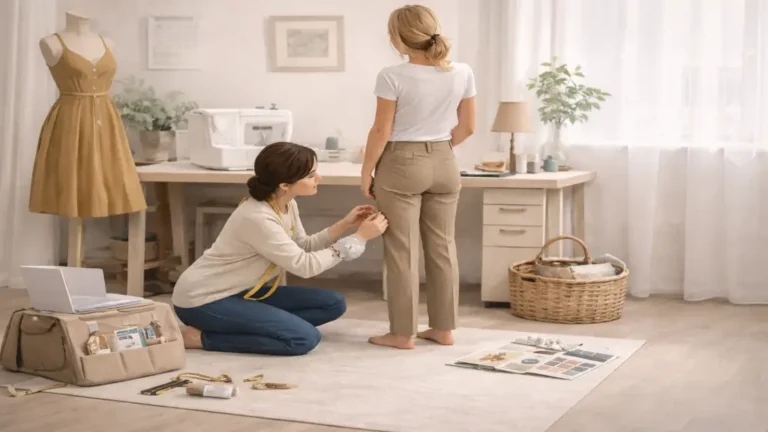 Couturière à domicile réalisant un ourlet sur un pantalon lors d’un essayage chez une cliente