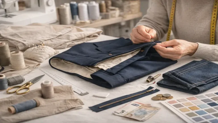 Couturière réalisant une retouche sur pantalon avec outils de couture et tissu sur table d’atelier