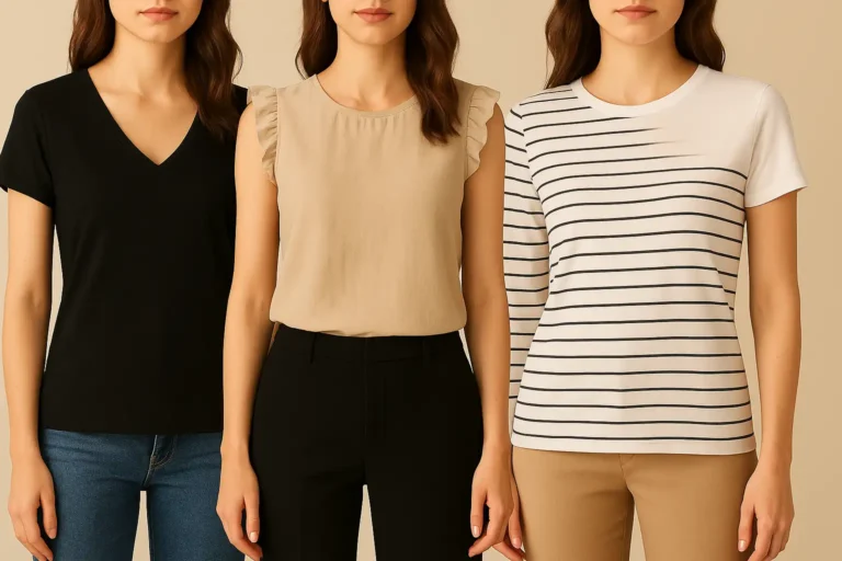 Sélection de tops et t-shirts femme de styles variés, présentés sur fond neutre pour mettre en valeur les coupes et matières.