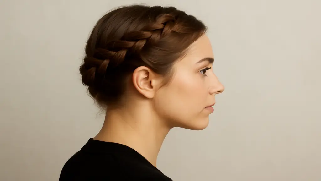 Tresse en couronne sur cheveux mi-longs, coiffure romantique et élégante vue de profil pour mariage ou événement