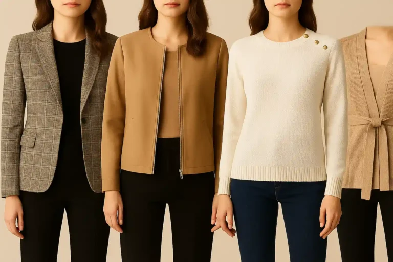 Sélection de vestes, blazers et pulls femme présentés sur fond neutre, mettant en valeur différentes coupes et matières.