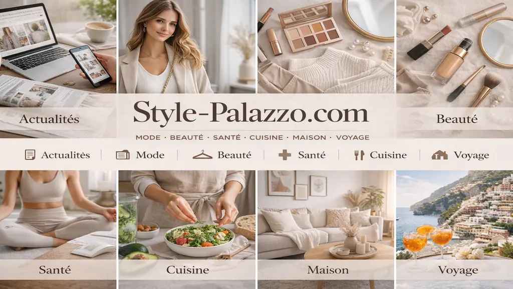 Magazine lifestyle Style-Palazzo.com présentant ses rubriques Mode, Beauté, Santé, Cuisine, Maison, Voyage et Actualités dans une interface éditoriale moderne.