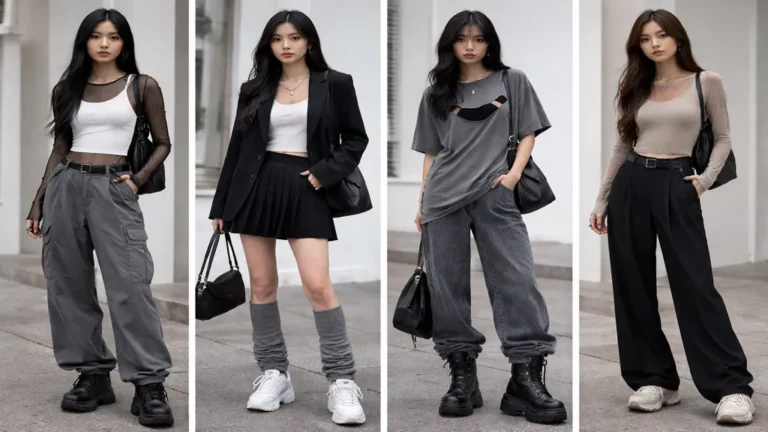Looks acubi style inspirés de la mode coréenne avec silhouettes oversize et ajustées, layering mesh, palette neutre noir gris beige et chaussures à semelles épaisses dans un contexte urbain moderne.