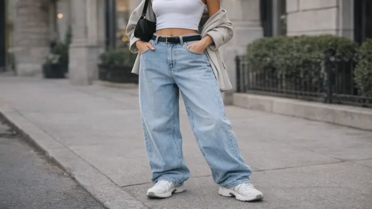 Style baggy avec jean large taille haute porté avec crop top blanc et baskets chunky, illustrant une tenue streetwear urbaine moderne.