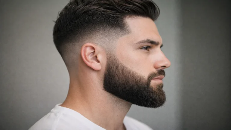 Homme de profil avec une barbe style dégradé nette et progressive, transition fondue entre le cou rasé et une barbe plus longue sur le menton.