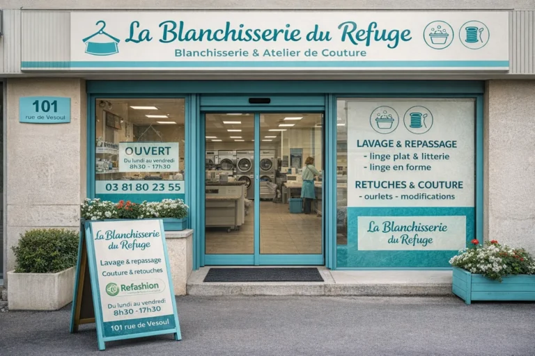 Façade de la Blanchisserie du Refuge à Besançon, blanchisserie et atelier de couture au 101 rue de Vesoul proposant lavage, repassage et retouches textiles
