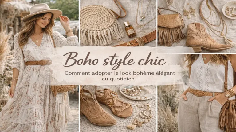 Tenue boho style chic féminine avec robe fluide, matières naturelles, accessoires artisanaux et silhouette bohème élégante au quotidien.