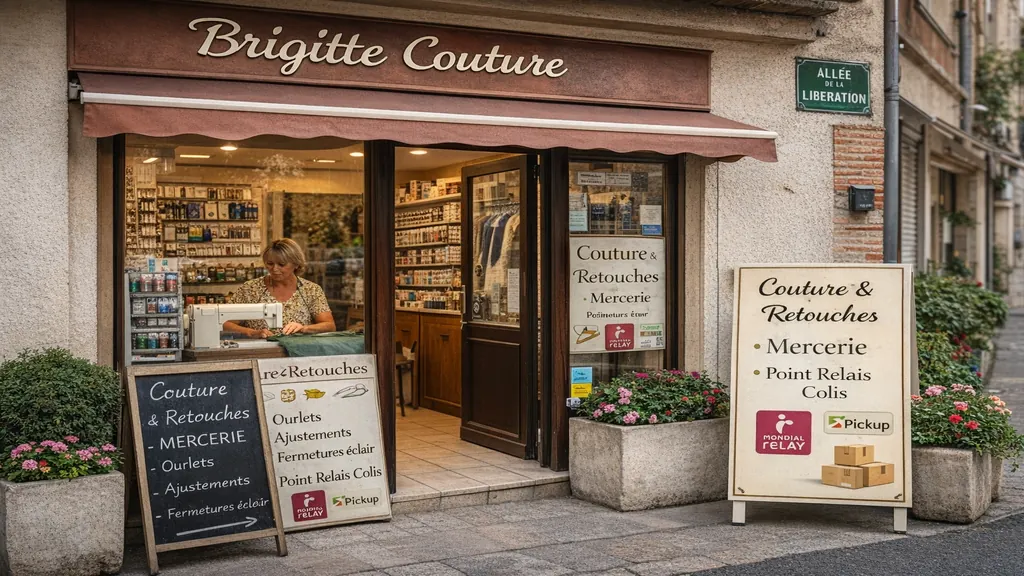 Devanture de l’atelier Brigitte Couture à Rieumes, retoucherie et mercerie avec point relais colis située allée de la Libération en Haute-Garonne