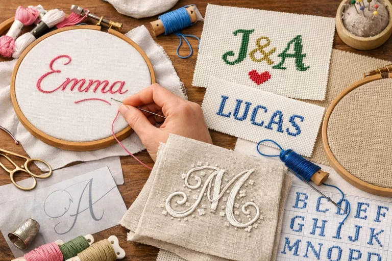 Broderie de lettres réalisée à la main et au point de croix, avec prénom et initiales brodés sur tissu dans un tambour à broder, fils et matériel de broderie visibles