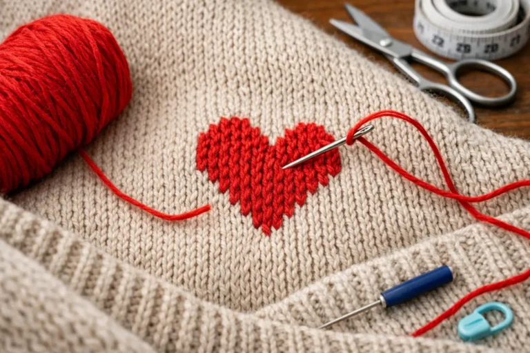 Broderie au point dupliqué sur un pull en tricot avec aiguille à canevas et fil de laine, technique pour broder sans déformer les mailles