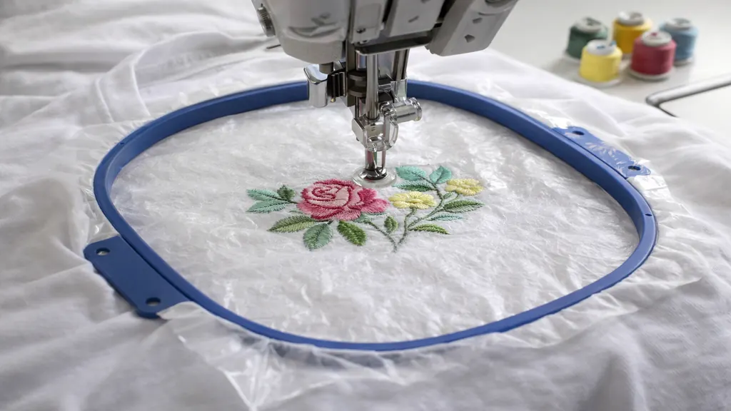 Broderie sur tee-shirt en jersey réalisée à la machine avec stabilisateur, motif floral brodé dans un tambour de broderie pour éviter le gondolage du tissu