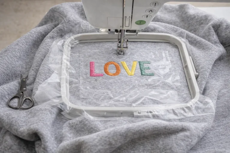 Broderie machine sur sweat en molleton avec stabilisateur cut-away et film hydrosoluble, motif brodé sans déformation du tissu extensible