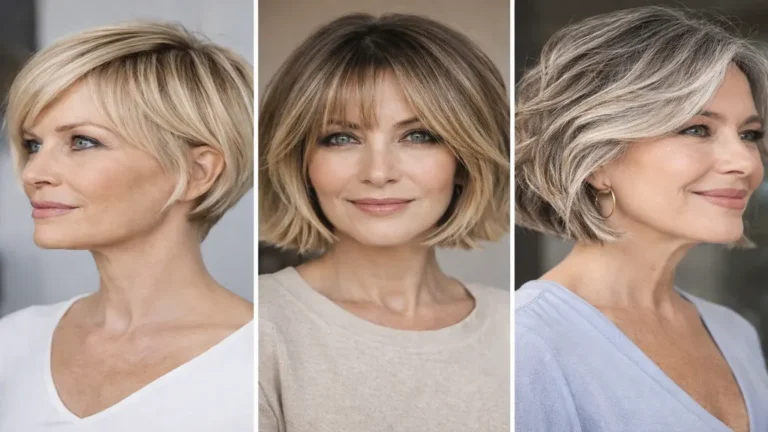 Trois coupes de carré court rajeunissantes après 50 ans : micro-bob effilé, carré dégradé avec frange rideau et carré plongeant wavy sur cheveux gris ou colorés