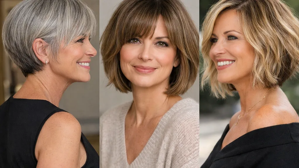 Trois coupes de carré rajeunissantes après 50 ans : micro-bob effilé, carré dégradé avec frange rideau et carré plongeant wavy