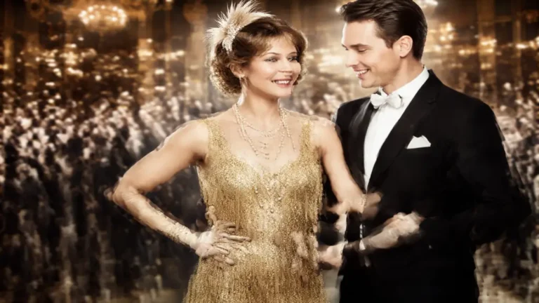 Femme portant une robe Charleston à franges et bandeau à plumes, style années 20 glamour inspiré des années folles et de l’esthétique Gatsby