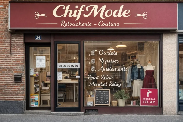 Façade de l’atelier de retouche Chif’Mode à Lezennes, couture et ourlets avec point relais Mondial Relay rue Gambetta