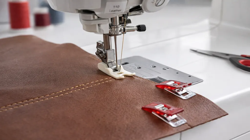 Couture du cuir à la machine familiale avec pied téflon, aiguille spéciale cuir et pinces de maintien pour assembler deux couches de cuir sans épingles