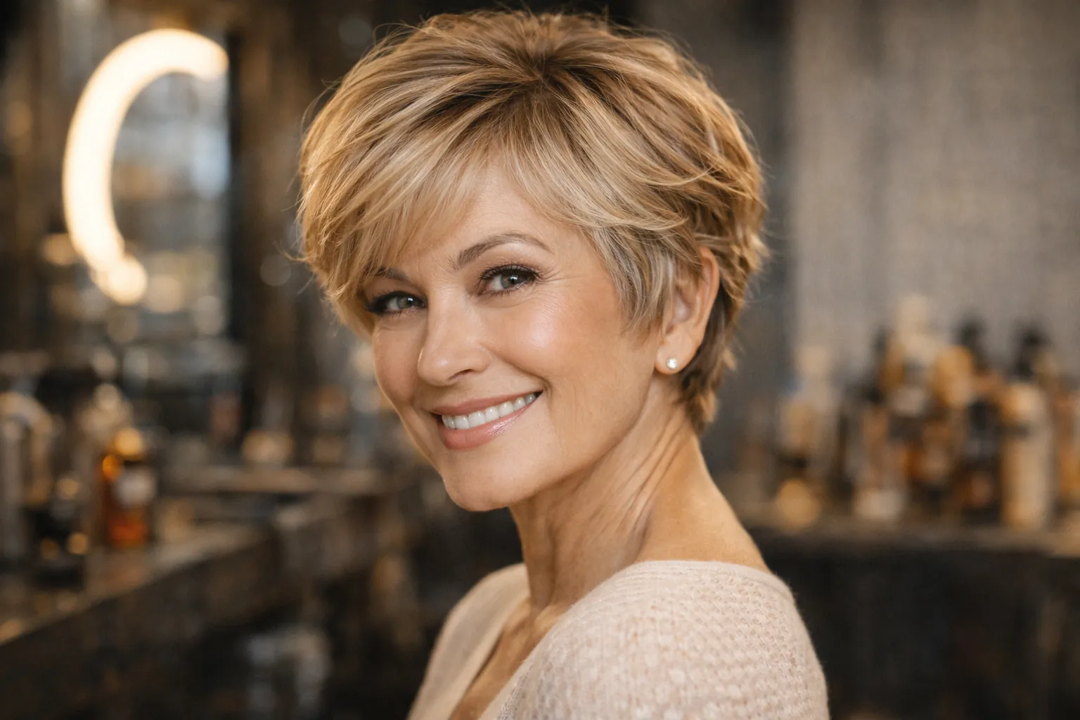 Coupe bixie texturée pour femme de 60 ans, apportant volume, légèreté et effet rajeunissant avec une nuque dégagée.