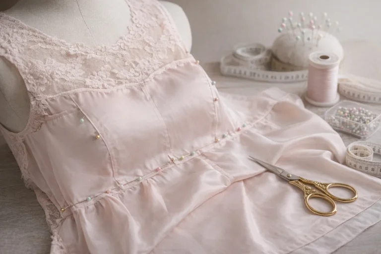 Pose d’une doublure satin sur une robe en tissu transparent, travail de couture avec épingles, ciseaux et matériel de mercerie pour une finition professionnelle