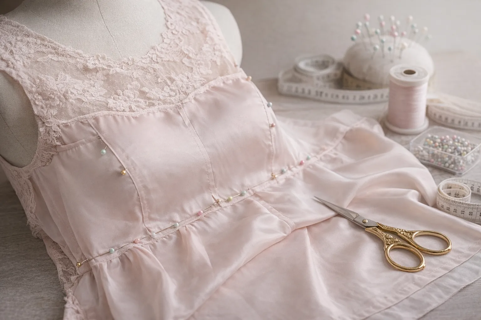Pose d’une doublure satin sur une robe en tissu transparent, travail de couture avec épingles, ciseaux et matériel de mercerie pour une finition professionnelle