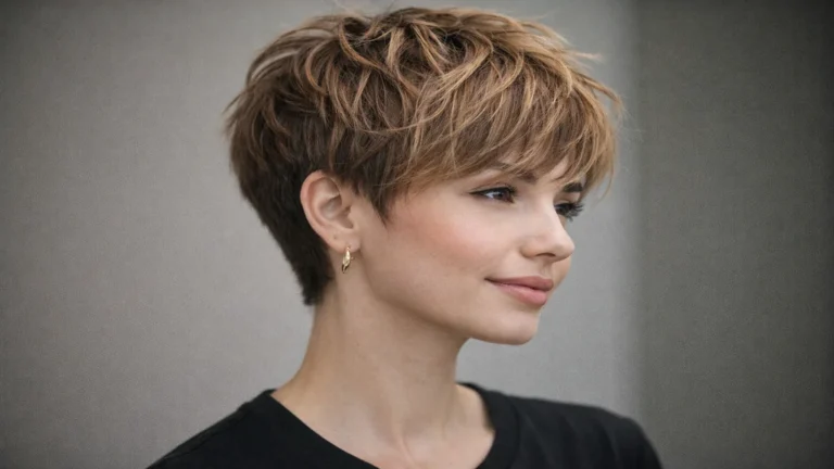 Femme portant une coupe courte effilée moderne type pixie, cheveux texturisés avec volume sur le dessus et nuque dégagée, style féminin et contemporain.