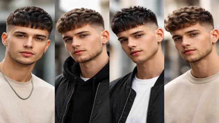 Coupe homme french crop avec frange courte horizontale, dégradé sur les côtés et dessus texturé, style moderne et naturel.