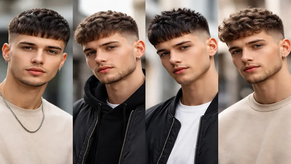 Coupe homme french crop avec frange courte horizontale, dégradé sur les côtés et dessus texturé, style moderne et naturel.