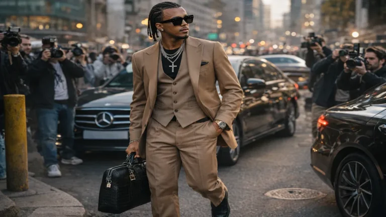 Jules Koundé portant un costume camel moderne avec santiags et lunettes oversize, illustrant son style vestimentaire élégant mêlant tailoring contemporain et influence streetwear en milieu urbain.