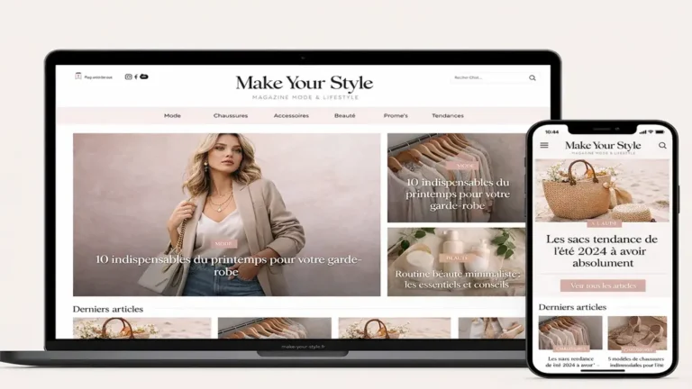 Page d’accueil du magazine mode en ligne Make Your Style affichée sur ordinateur et smartphone, présentant des articles mode, beauté, accessoires et tendances
